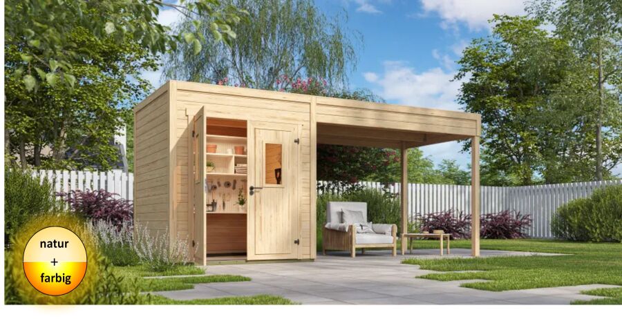 Lasita Maja Gartenhaus FELIX 1,5 - 250 x 200 cm, 28 mm + Anbau 150/300 cm natur / farbig