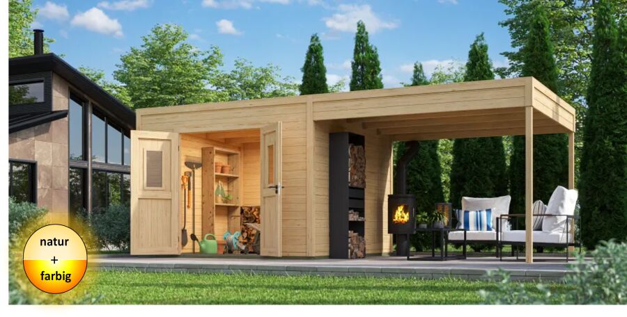 Lasita Maja Gartenhaus FELIX 3 - 300 x 300 cm, 28 mm + Anbau 150/300 cm natur / farbig