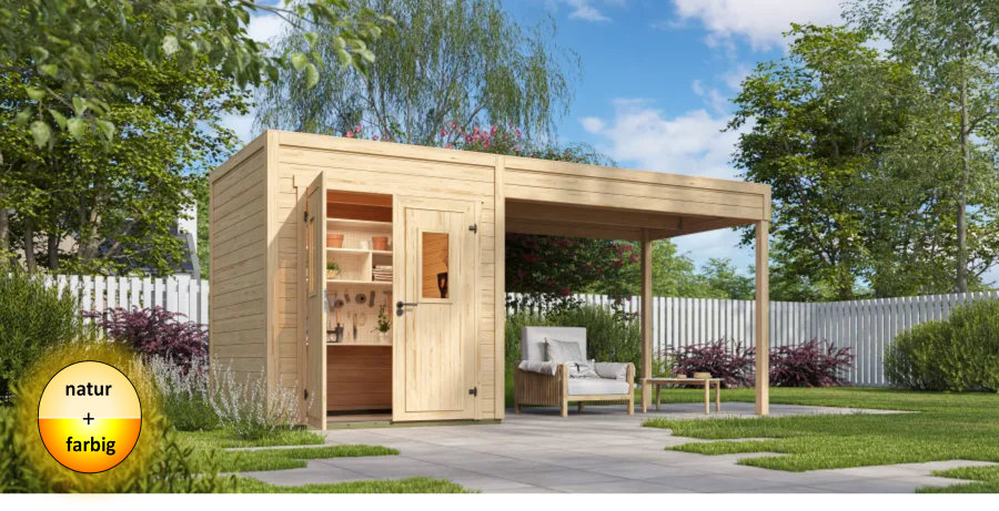 Lasita Maja Gartenhaus FYNN 1 - 200 x 200 cm, 28 mm + Anbau 150/300 cm natur / farbig