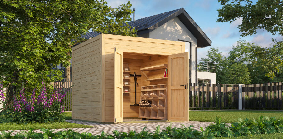 Lasita Maja Gartenhaus FYNN 1,5 - 250 x 200 cm, 28 mm + Anbau 300 cm natur / farbig