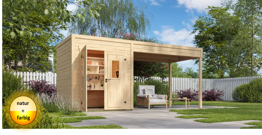 Lasita Maja Gartenhaus FYNN 2 - 250 x 250 cm, 28 mm + Anbau 300 cm natur / farbig