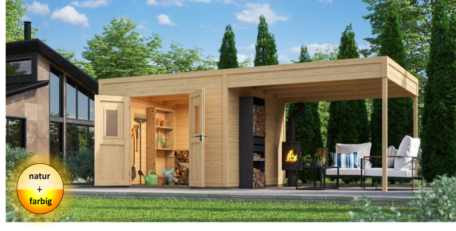 Lasita Maja Gartenhaus FYNN 3 - 300 x 300 cm, 28 mm + Anbau 300 cm natur / farbig