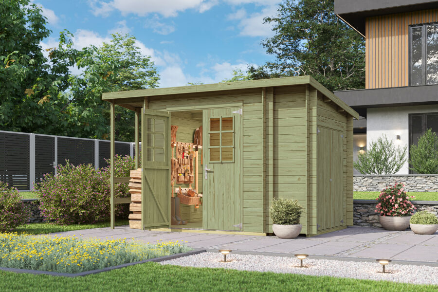 Multifunktionshaus VILANO 3 imprägniert, 200(330) x 218 cm, inkl. Boden, Schleppdach und Anbauschrank, 18mm Blockbohle