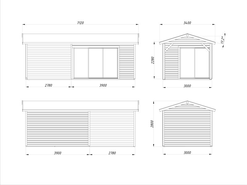 Palmako Gartenhaus AMANDA 11,2 m²  + 7,8 m²  44 mm - 668x300 cm grau imprägniert