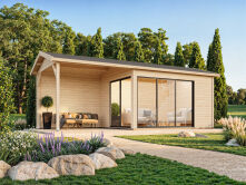 Palmako Gartenhaus AMANDA PLUS ISO 11,2 m²  + 7,8 m²  44 mm - 668x300 cm hellbraun imprägniert
