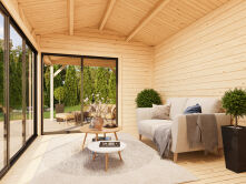 Palmako Gartenhaus AMANDA PLUS ISO 11,2 m²  + 7,8 m²  44 mm - 668x300 cm hellbraun imprägniert
