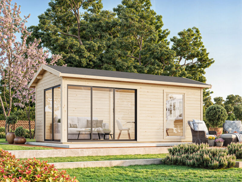 Palmako Gartenhaus AMANDA PLUS ISO 17,1 m²  44 mm - 595x300 cm lackiert weiß (9016) + anthrazit (7016)