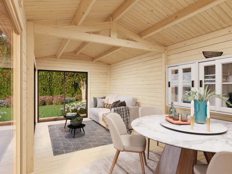 Palmako Gartenhaus AMANDA PLUS ISO 17,1 m²  44 mm - 595x300 cm lackiert weiß (9016) + anthrazit (7016)