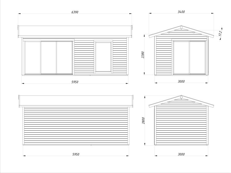 Palmako Gartenhaus AMANDA PLUS ISO 17,1 m²  44 mm - 595x300 cm lackiert weiß (9016) + anthrazit (7016)