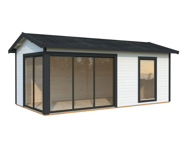 Palmako Gartenhaus AMANDA PLUS ISO 17,1 m²  44 mm - 595x300 cm lackiert weiß (9016) + anthrazit (7016)