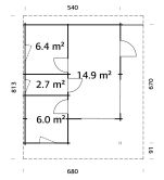 Palmako Ferienhaus CECILIA PLUS ISO 30,0 m²  70 mm - 540x670 cm, inkl. Fußboden 28 mm, natur