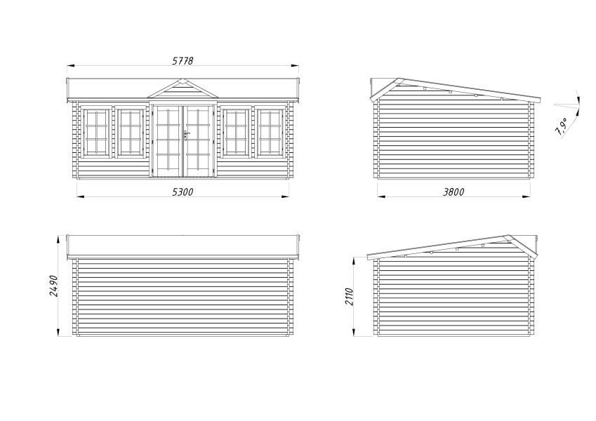 Palmako Gartenhaus CLAUDIA ISO  Pentroof 19,4 m²  44 mm - 530x380 cm natur