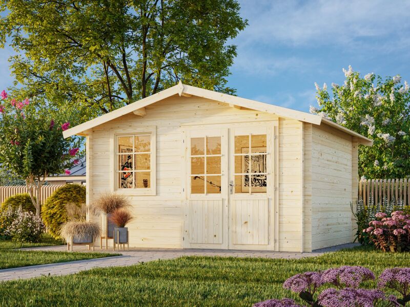 Gartenhaus KLARA 10,4 m2, 380 x 320 cm, 28 mm Wandbohlen, farbig lackiert hellgrau + anthrazit