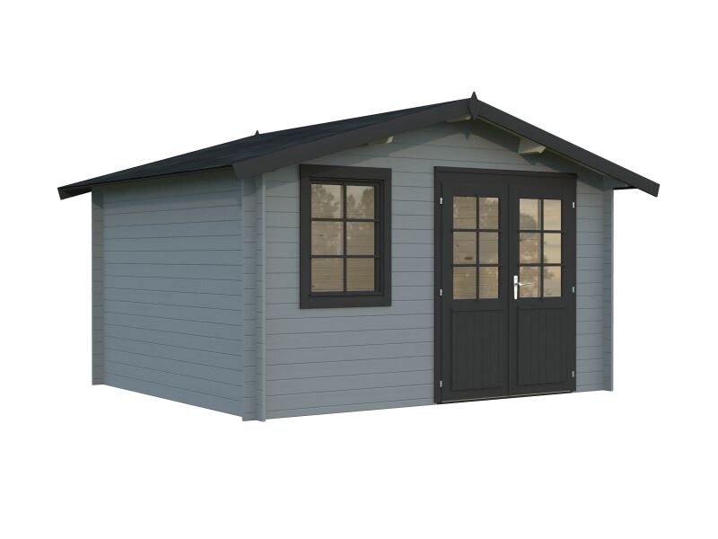 Gartenhaus KLARA 10,4 m2, 380 x 320 cm, 28 mm Wandbohlen, farbig lackiert hellgrau + anthrazit