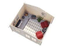 Gartenhaus KLARA 10,4 m2, 380 x 320 cm, 28 mm Wandbohlen, farbig lackiert hellgrau + anthrazit