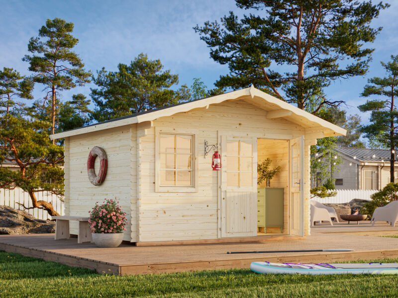 Gartenhaus EMMA 10,4 m2, 380x320 cm, 34mm Doppelnut, inkl. Boden, farbig lackiert hellgrau + anthrazit