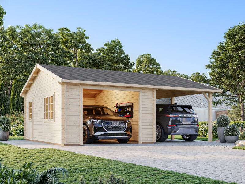 Palmako Garage ROGER 19,0+33,2 m²  44 mm 966x550 cm - ohne Tor lackiert dunkelgrau (7012) + weiß (9016)