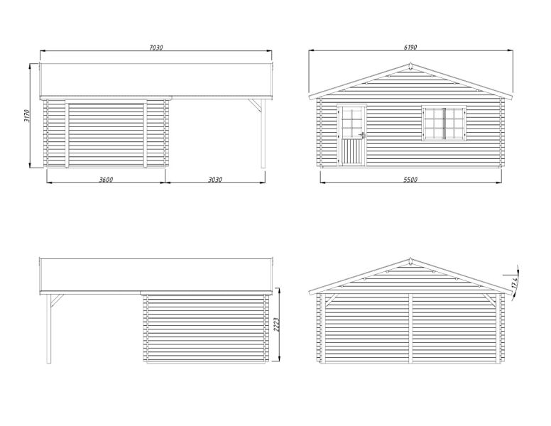 Palmako Garage ROGER 19,0+33,2 m²  44 mm 966x550 cm - ohne Tor lackiert dunkelgrau (7012) + weiß (9016)