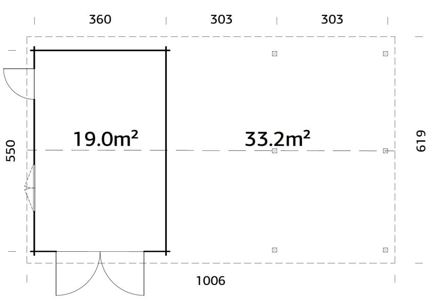 Palmako Garage ROGER 19,0+33,2 m²  44 mm 966x550 cm - mit Holztor lackiert hellgrau (7042) + weiß (9016)