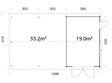 Palmako Garage ROGER 19,0+33,2 m²  44 mm 966x550 cm - mit Holztor lackiert hellgrau (7042) + weiß (9016)