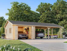 Palmako Garage ROGER 19,0+33,2 m²  44 mm 966x550 cm - mit Holztor lackiert hellgrau (7042) + weiß (9016)