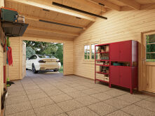 Palmako Garage ROGER 19,0+33,2 m²  44 mm 966x550 cm - mit Holztor lackiert hellgrau (7042) + weiß (9016)