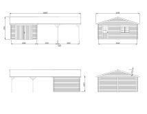 Palmako Garage ROGER 19,0+33,2 m²  44 mm 966x550 cm - mit Holztor lackiert hellgrau (7042) + weiß (9016)
