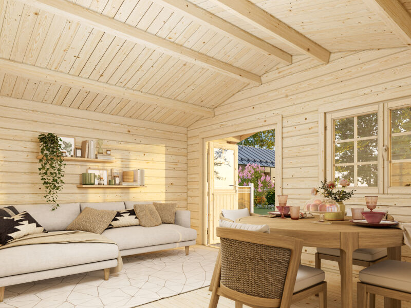 Gartenhaus HELENA 15,1 m2, 470x380 cm, 70mm Bohlen, ISO, Boden, farbig lackiert dunkelgrau + anthrazit