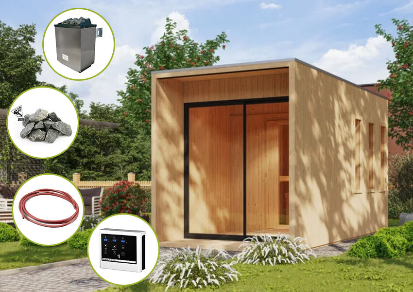 Karibu Saunahaus ARVID/MIRAMAR naturbelassen / inkl. Ofen 9 kW finnisch / externe Strg. EASY / Schiebetür / AKTION
