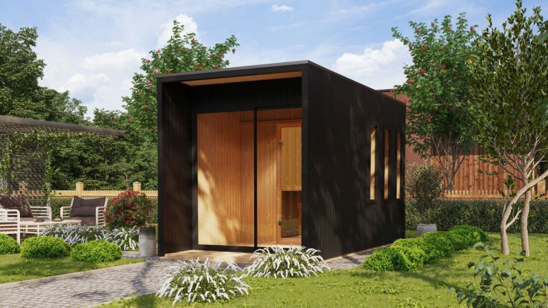 Karibu Saunahaus ARVID/MIRAMAR schwarz / inkl. Ofen 9 kW finnisch / externe Strg. EASY / Schiebetür / AKTION