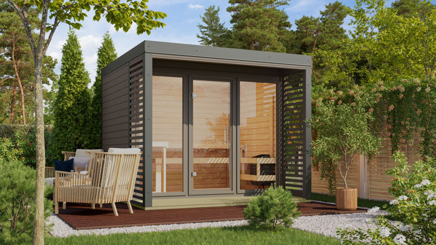 Karibu Saunahaus ARES 3 - 276x276x232 cm 38 mm terragrau / Metall staubgrau / ohne Ofen