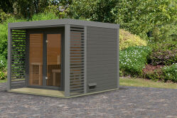 Karibu Saunahaus ARES 3 - 276x276x232 cm 38 mm terragrau / Metall staubgrau / ohne Ofen