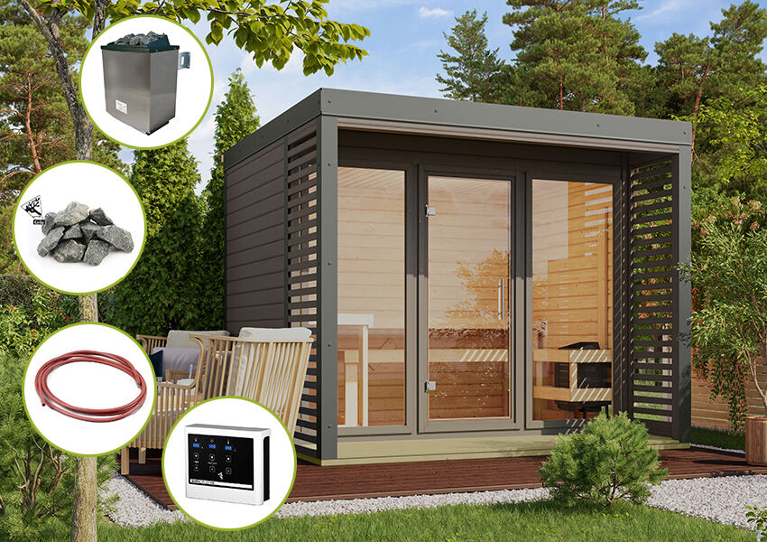 Karibu Saunahaus ARES 3 - 276x276x232 cm 38 mm terragrau / Metall staubgrau / inkl. Ofen 9 kW finnisch + externe Seuerung EASY