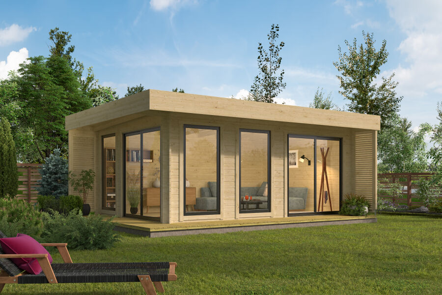 Gartenhaus SABRINA ALU 660x480 cm ISO (A), 70 mm Doppelnut, inkl. Boden und Terrasse