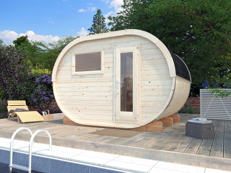 Palmako Saunafass ANETTE OVAL 328x274 cm mit 78cm Terrasse inkl. Dachschindeln schwarz, Bausatz