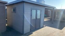 WPC-Gartenhaus USEDOM grau-anthrazit 28 mm - 288 x 288 + 280 cm Seitendach, WPC Co-Ex / Alu