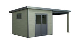 WPC-Gartenhaus USEDOM grau-anthrazit 28 mm - 288 x 288 + 280 cm Seitendach, WPC Co-Ex / Alu