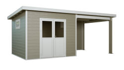 WPC-Gartenhaus USEDOM beige-weiss 28 mm - 288 x 288 + 280 cm Seitendach, WPC Co-Ex / Alu