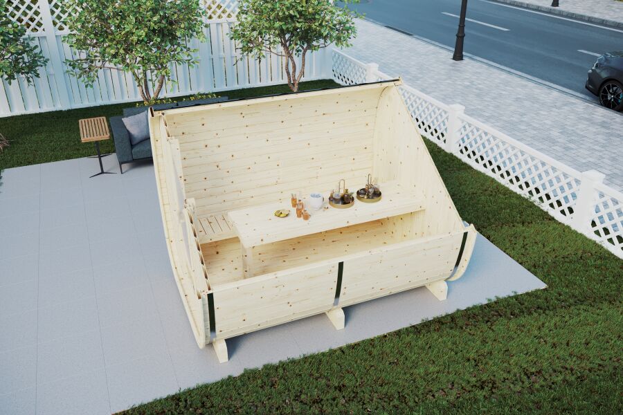 Picknickfass Gastrofass Marktstand Grillfass Campingfass  Modell 280 x 214 cm, Glastür in der Front, Rückwand geschlossen, inkl. Dachschindeln schwarz, Bausatz