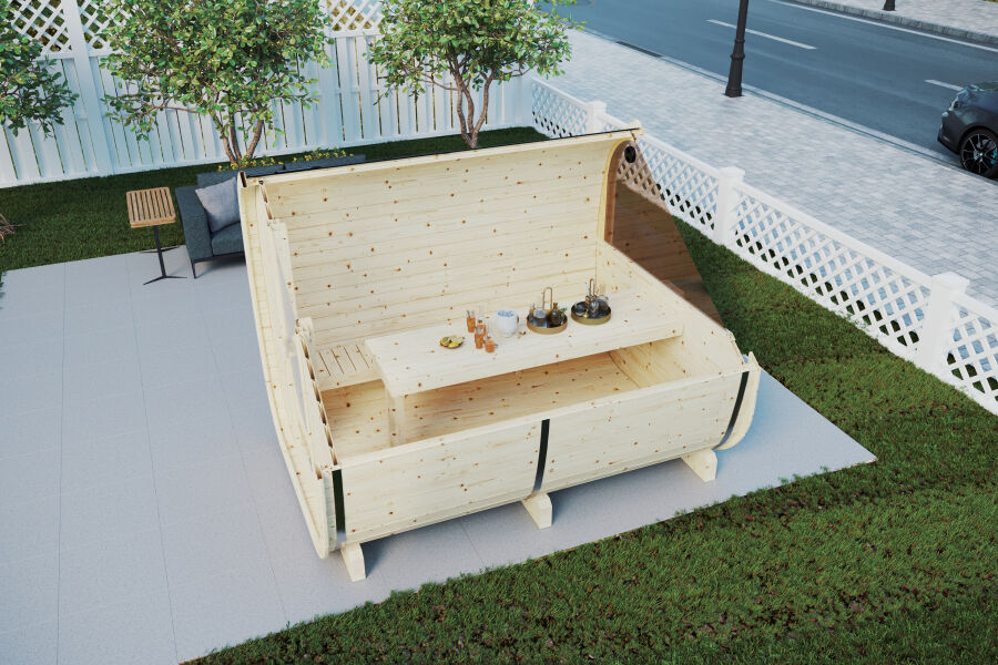 Picknickfass Gastrofass Marktstand Grillfass Campingfass  Modell 280 x 214 cm, Glastür in der Front, Rückwand halbverglast, inkl. Dachschindeln schwarz, Bausatz