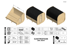 Picknickfass Gastrofass Marktstand Grillfass Campingfass  Modell 280 x 214 cm, Glastür in der Front, Rückwand halbverglast, inkl. Dachschindeln schwarz, Bausatz
