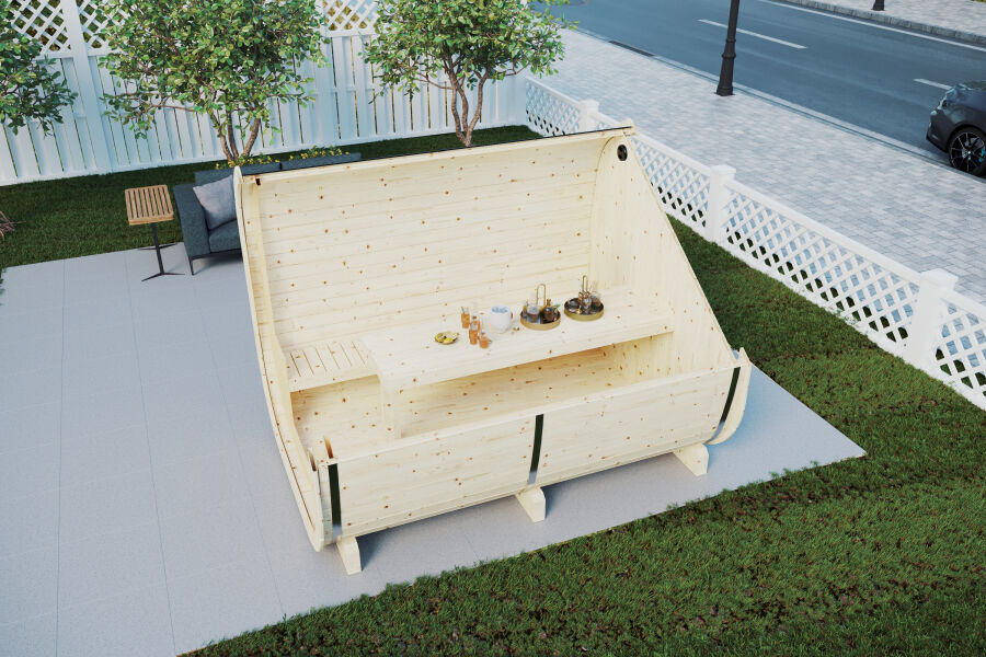 Picknickfass Gastrofass Marktstand Grillfass Campingfass  Modell 280 x 214 cm, Front geöffnet, Rückwand geschlossen, inkl. Dachschindeln schwarz, Bausatz