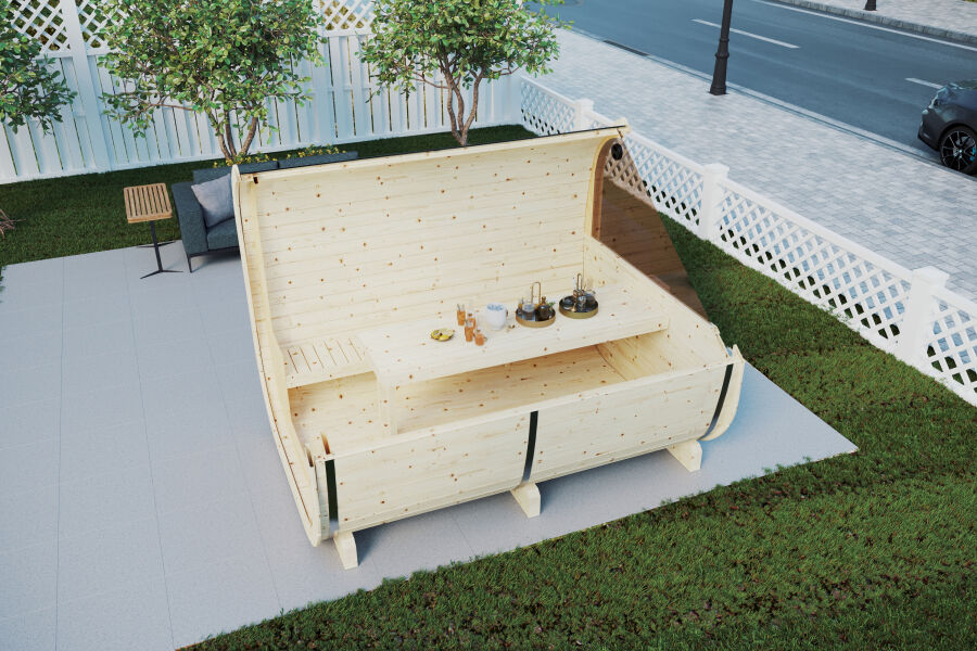 Picknickfass Gastrofass Marktstand Grillfass Campingfass  Modell 280 x 214 cm, Front geöffnet, Rückwand halbverglast, inkl. Dachschindeln schwarz, Bausatz