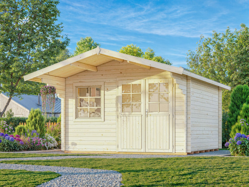 Gartenhaus SALLY 12,3 m2; 380x380cm; 44mm Doppelnut; inkl. Fußboden - natur / farbig -