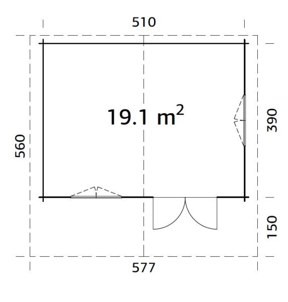 Gartenhaus SALLY 19,1 m2, 530x410cm, 44mm Bohlen, 150cm Vordach, inkl. Boden  - ohne / mit Farbe -