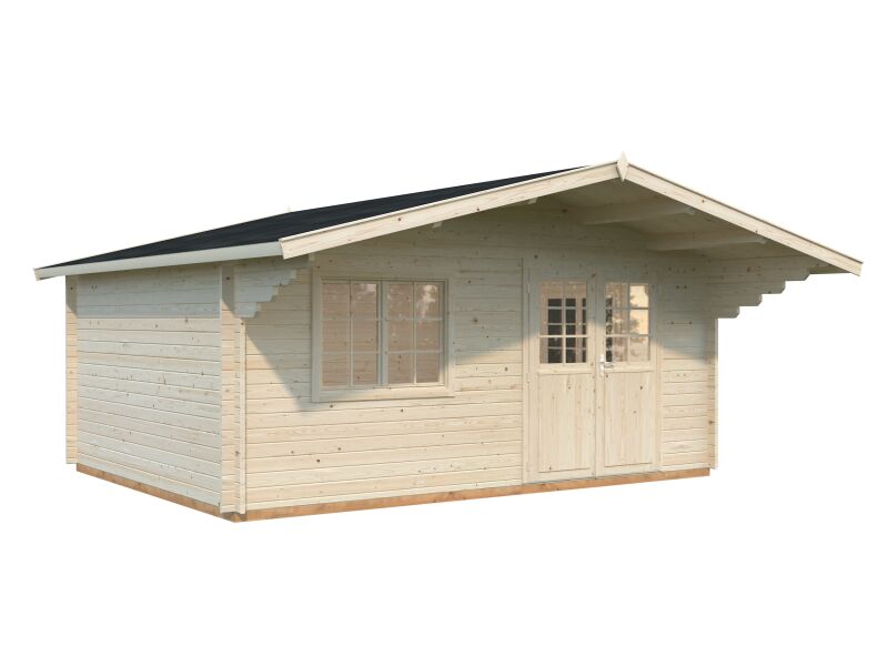 Gartenhaus SALLY 19,1 m2, 530x410cm, 44mm Bohlen, 150cm Vordach, inkl. Boden  - ohne / mit Farbe -