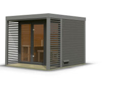 Karibu Saunahaus ARES 3 - 276x276x232 cm 38 mm terragrau / Metall staubgrau /  inkl. Ofen 9 kW finnisch / integr. Strg