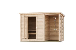 Karibu Saunahaus FINN 2 mit Duschanbau / naturbelassen / inkl. Ofen 9 kW Bio + externe Steuerung EASY / Energiespartür
