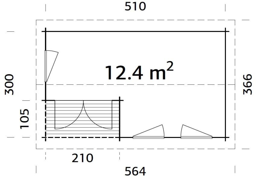 Gartenhaus SUSANNA 12,4 m2, 530x320cm, 44mm Bohlen, ISO, Boden, transparent imprägniert