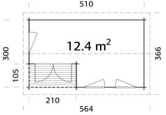 Gartenhaus SUSANNA 12,4 m2, 530x320cm, 44mm Bohlen, ISO, Boden, transparent imprägniert